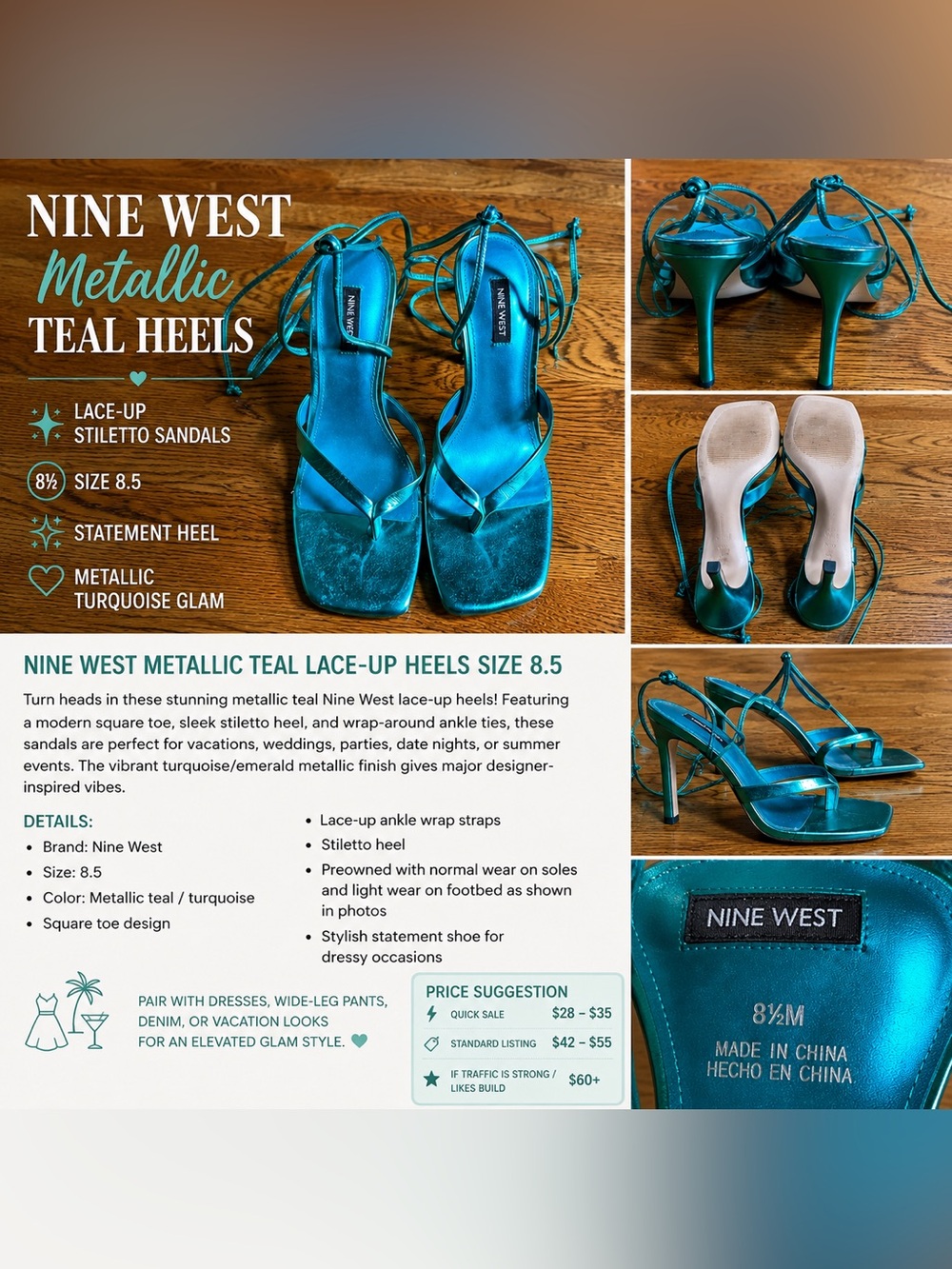 Nine West Metallic Teal Lace-Up Women’s Heels Size 8.5 Spring Wedding Guest